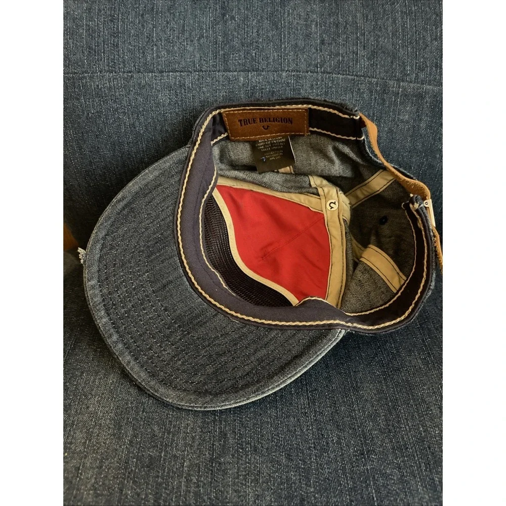 True Religion Blue Denim Ribbed Horseshoe Patch Strapback Hat Distressed Cap